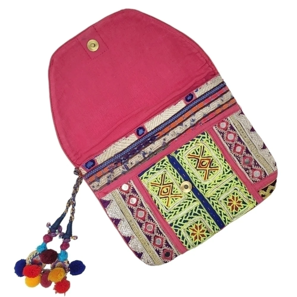 Colorful boho envelope purse bag pom pom embroidery